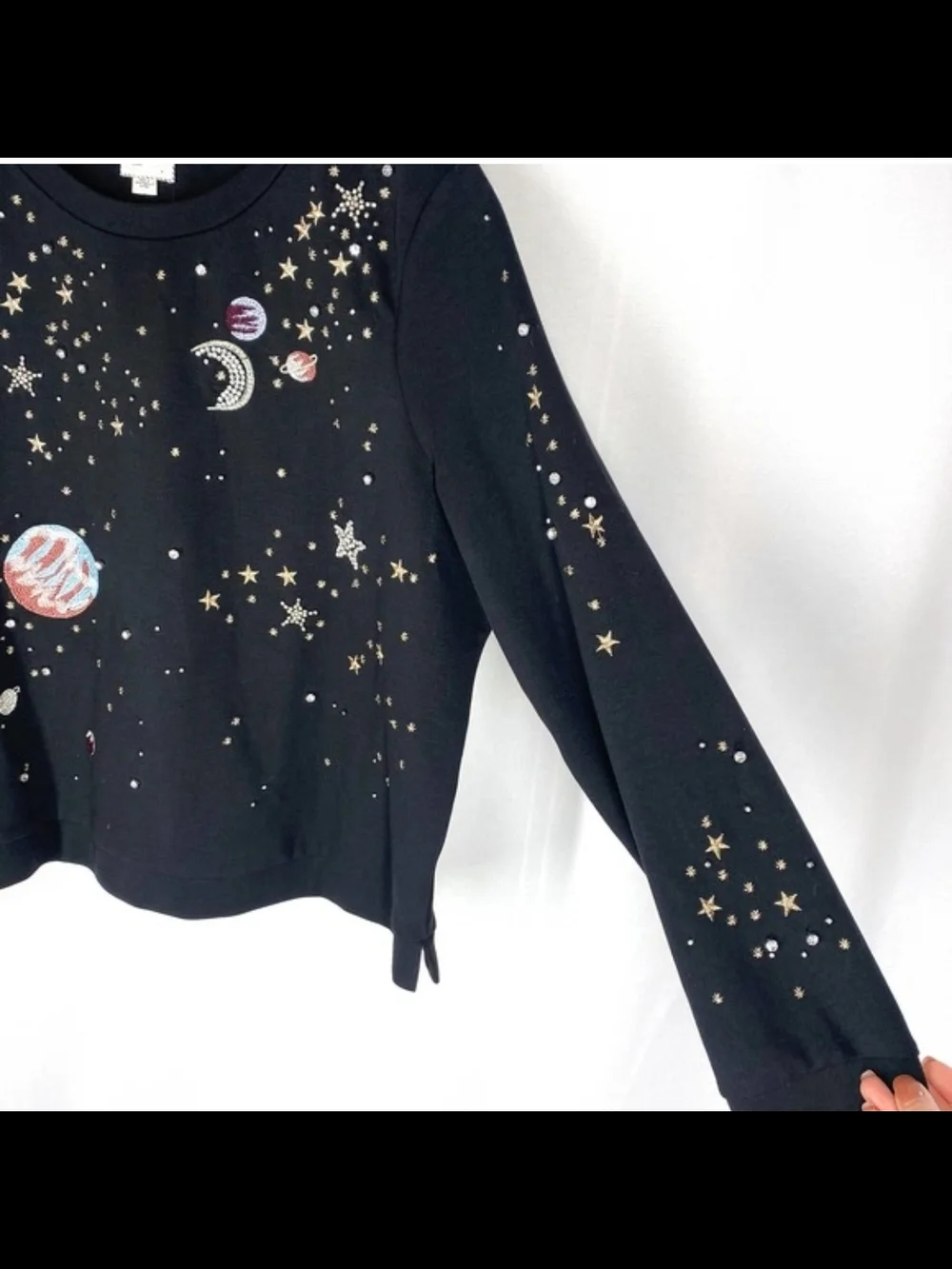 NEW Anthropologie Cosmic Galaxy Black Beaded Moon Space Star Sweatshirt Top - Picture 7 of 9